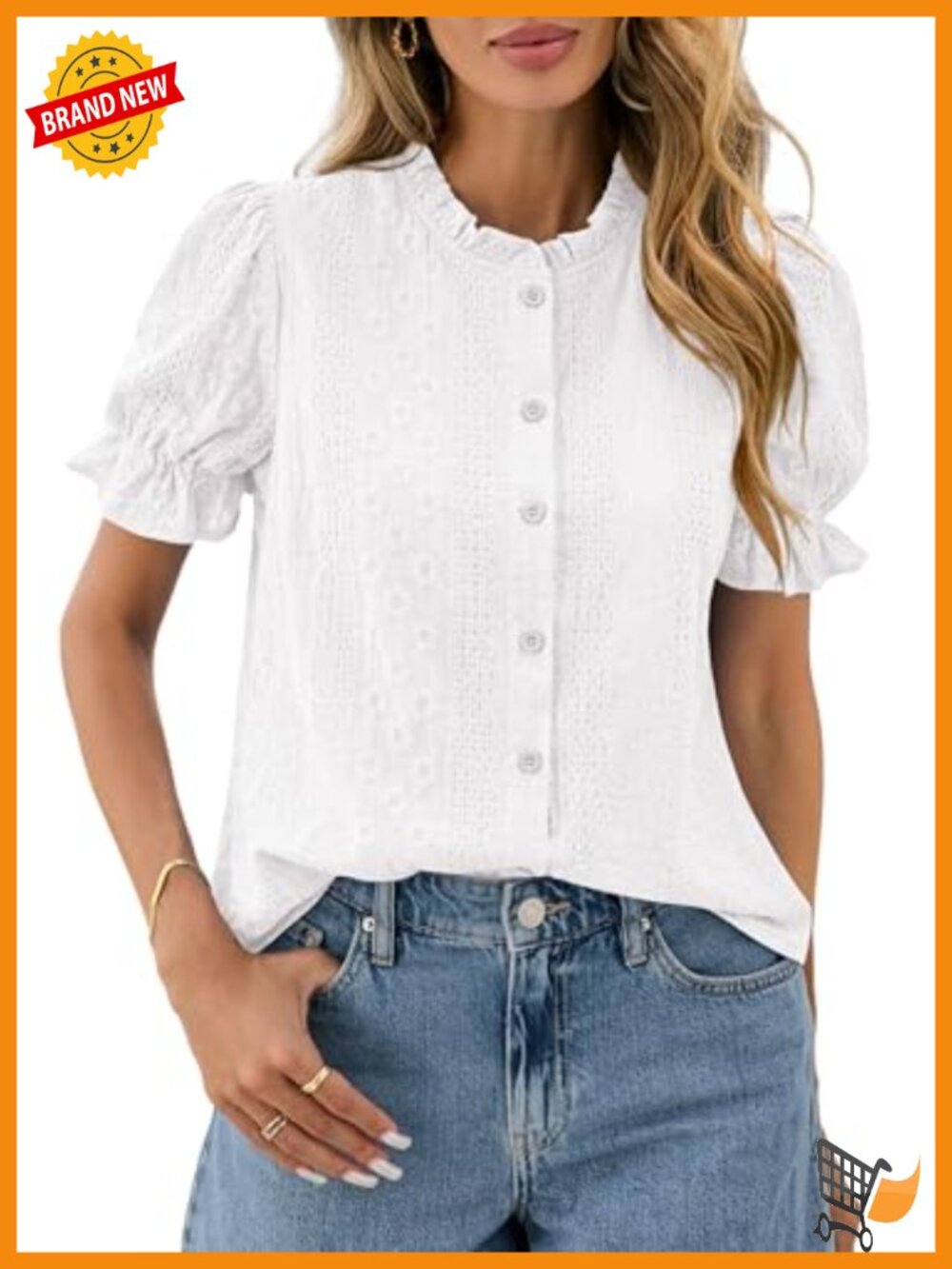 Embroidered Puff Short Sleeve Top Cotton Button Up Blouse